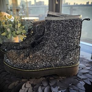 Black silver Glitter combat Boots